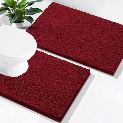 Image of Smiry Bathroom Rugs Set 2 Piece, Soft Absorbent Chenille Bath Mat and U-Shaped Toilet Rug Set, Non Slip Shaggy Bath Carpet for Tub, Shower and Floor (24x16+24x20, Red)