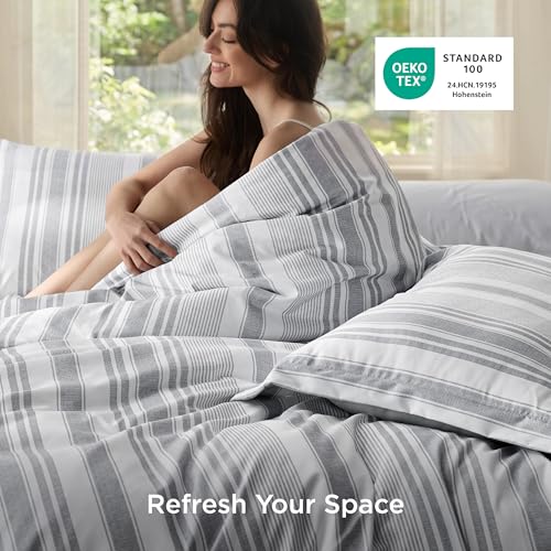 Image of Bedsure Duvet Cover Queen Size - Striped Reversible Duvet Cover Set with Zipper Closure, 3 Pieces Grey Bedding Set with 8 Corner Ties and 2 Pillow Shams 20 inchx26 inch
