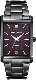 Perry Ellis Men's Watch – Rectangular Silver-Tone, Dark Blue Textured Dial with Diamond Accents, Silver Faceted Indexes, Stretch Bracelet, Quartz Analog Fashion Accessory