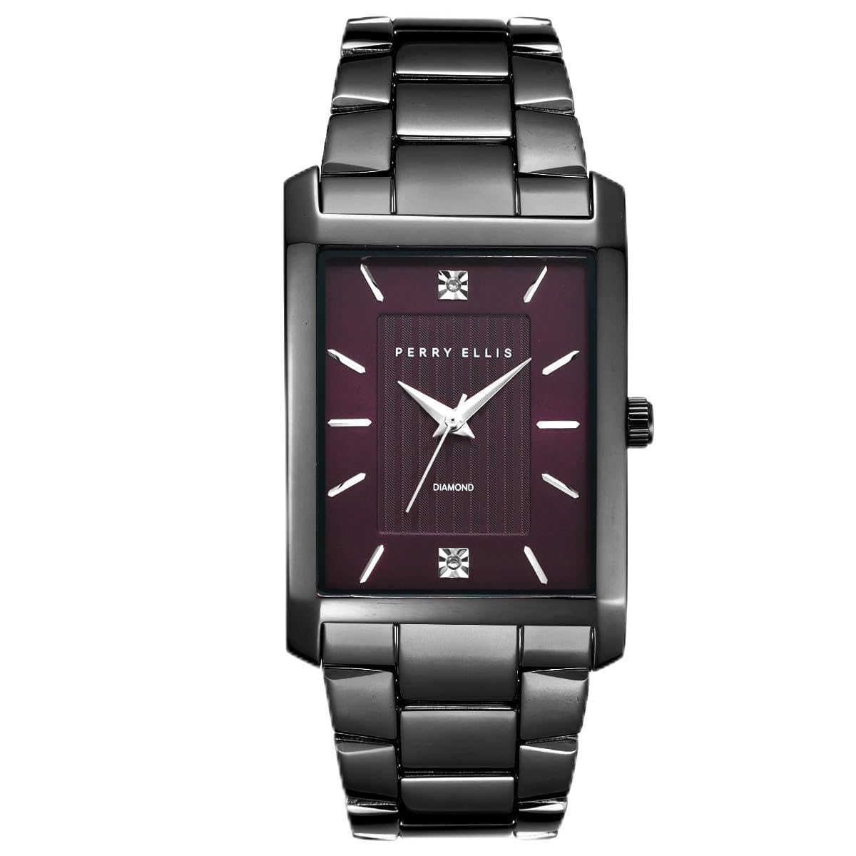 Perry Ellis Men's Watch – Rectangular Silver-Tone, Dark Blue Textured Dial with Diamond Accents, Silver Faceted Indexes, Stretch Bracelet, Quartz Analog Fashion Accessory