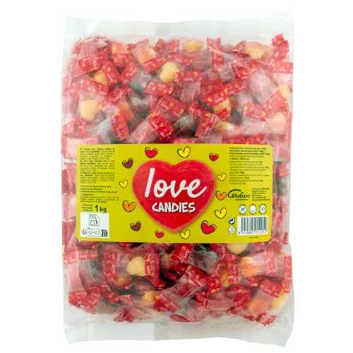 Caramelos Cerdán - Caramelos con Forma de Corazón Love | 333 Uds - Bolsa 1Kg| Sabores Surtidos | Caramelo Sin Gluten ni Alérgenos | Ideal para San Valentín, Fiestas, y Cumpleaños