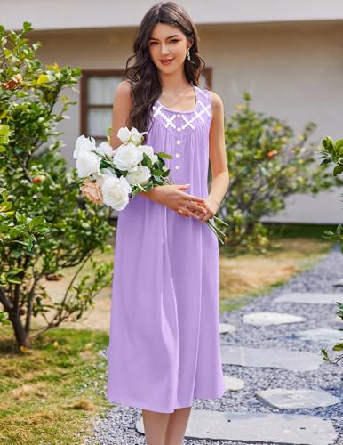 Ekouaer Nightgowns for Women Cotton Long Night Gown Sleeveless Sleep Dress Victorian Nightdress Ladies Sleepwear Light Purple X-Large4