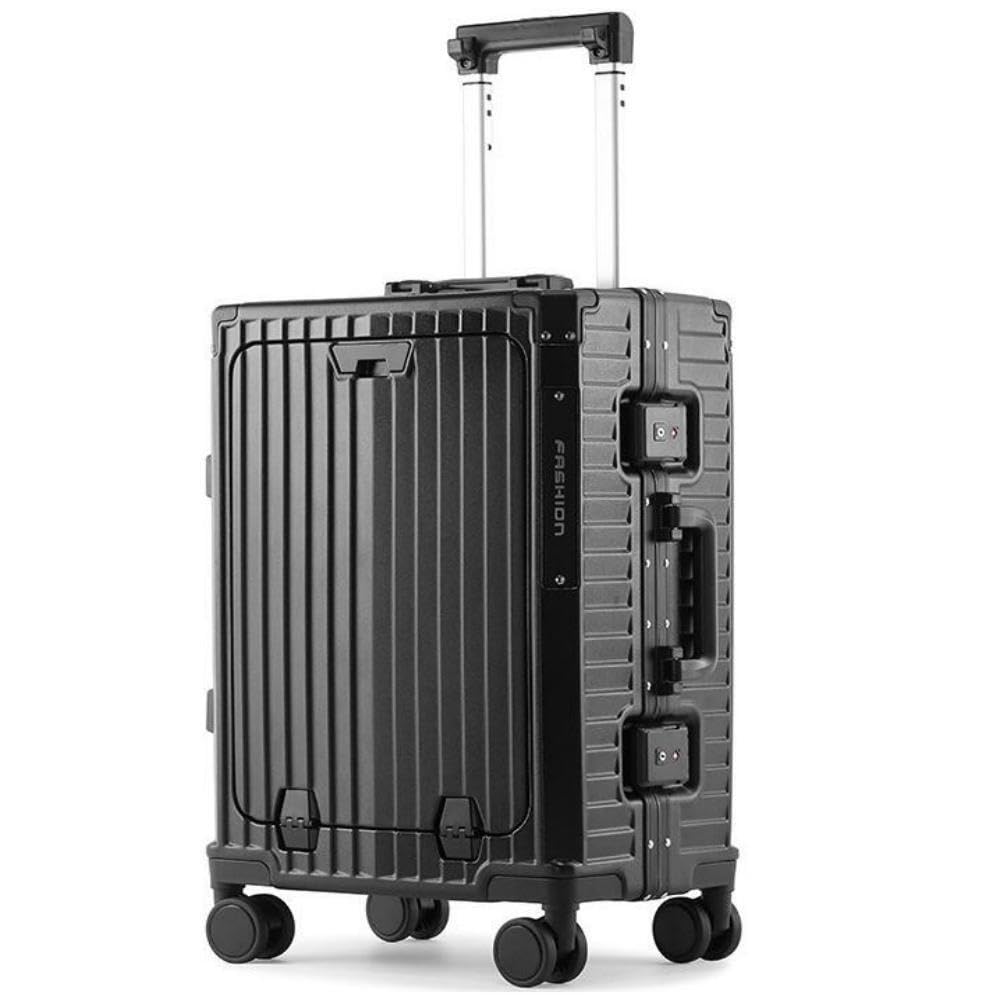 20-Inch Aluminum Framed Travel Luggage,SuitcaseTrolley Hand Cabin Luggage With Spinner Wheels, Front opening lid,TSA lock, Cup Holder & USB Port Charging,Mobile phone holder and hook(black)