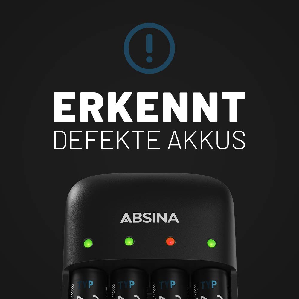 ABSINA Ładowarka do akumulatorów AA AAA i 9 V blok w zestawie 8 x baterie AAA 1150 – ładowarka NiMH 4-krotna do akumulatorów wielokrotnego ładowania - baterie do ładowania z ładowarką - zestaw