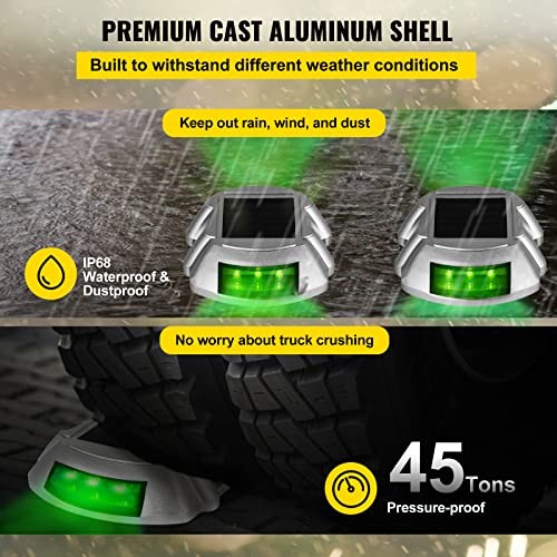 Happybuy Driveway Lights 8-Pack, Solar Driveway Lights with Switch Button, Solar Deck Lights, Wireless Dock Lights 6 LEDs for Path Warning Garden Walkway Sidewalk Steps, LED Bright Green