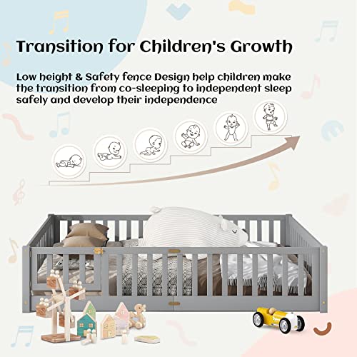 I-Pook Queen Floor Bed For Children, Sturdy Wood Montessori Bed Frame With Wood Slats, Fence & Door, Montessori Floor Bed For Girls And Boys, Gray (With Bed Slats) #TOP5