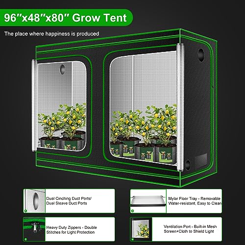 Image of 4x8 Grow Tent, 96 inchx48 inchx80 inch High Reflective 600D Diamond Mylar Canvas with Observation Window and Floor Tray for Hydroponic Indoor Plant Growing