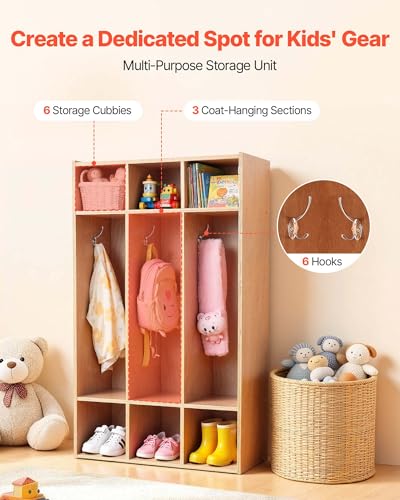 Image of VEVOR 3-Section Coat Locker, Kids Lockers with 6 Hooks & Non-Slip Mat, Classroom Cubbies for Daycare, Home, Kindergarten- Natural