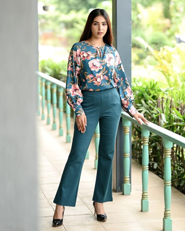 Image of Mlada Bootcut Flare Pants for Women Stretch Cotton Knit Boot Cut Mid Waist Flared Trouser Elastic Waist Band Utility Pockets for Formal Office Work Wear,Travel-Regular /Plus Size