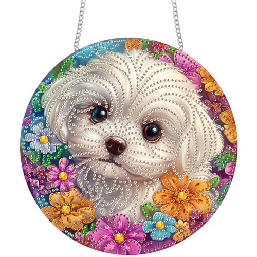 Bimkole ダイヤモンドアート 犬 ハンギングキット - 大人のための5Dダイヤモンドアートキット、DIY ペットの動物 リスタルアートハンギングサイン、アクリルクリスタルアート吊り下げオーナメント - 壁掛け用、家庭・庭・玄関装飾用 20x20 cm