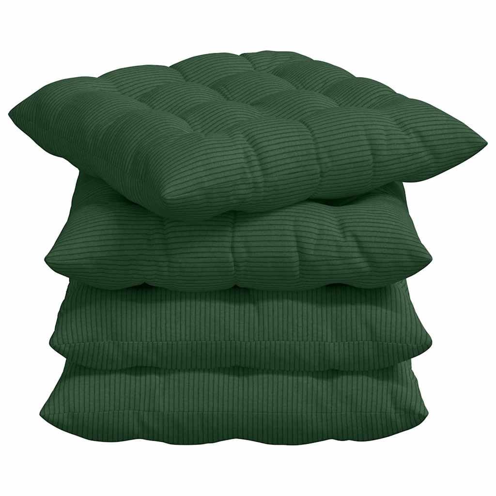 4er Set Sitzkissen 40x40x6 cm Dunkelgrün - Elegante Stuhlkissen aus weichem Cordstoff mit Haltebändern und abnehmbarem Bezug - Komfortable Stuhlauflagen für Esszimmer und Büro