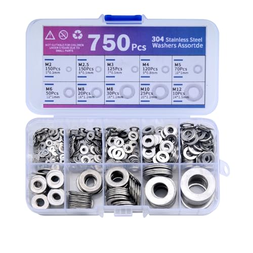 ‌SZWLJ 750 Pièces De Rondelles En Acier Inoxydable 304, 9 Tailles (M2/M2.5/M3/M4/M5/M6/M8/M10/M12) - Set De Rondelles Métal Pour Vis Et Gonds De Porte, Diy...