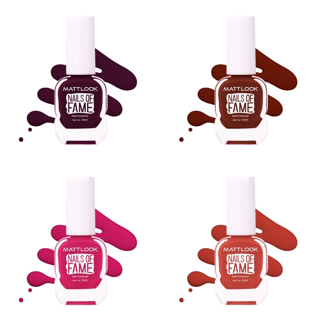 MATT LOOK Nails of Fame Nail Enamel | Chip Resistant with High Shine & Full Coverage, One Stroke Application nail paint for women, Set 04-12ml Each (Pack of 4)-image-33