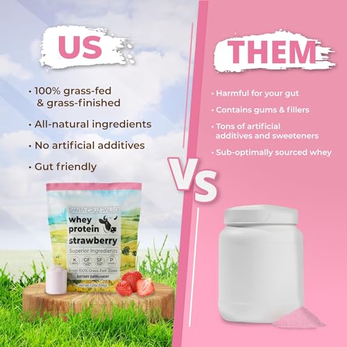 Image of Santa Cruz Paleo Whey Protein Powder, Strawberry, 20g Grass Fed Whey Protein Isolate Per Serving, Gluten Free, Keto, Sugar Free, Paleo, Natural, Post Workout Muscle Support, 20 Servings, 1.2lb Bag