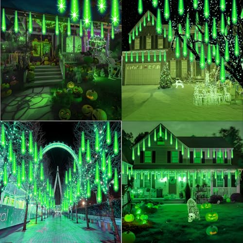 Weepong Halloween Lights Outdoor, Meteor Shower Christmas Lights for Halloween Decorations, 8 Tube 192 LED Snow Falling Rain Icicle String Light for Xmas Christmas Decor Tree Party, UL Plug Green - image 4