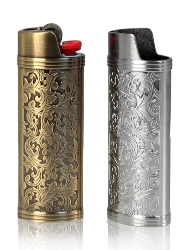 HUMWE 2 Pack Vintage Metal Lighter Case Cover Front Arabesque Engraving Reusable Lighter Sleeve for Bic J6 Regular Lighters (Style1-Bronze&Silver, 2)