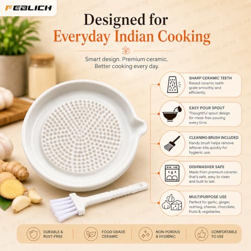 Image of Ceramic Garlic Grater Plate with Brush Manual Crusher Grinder Tool for Ginger, Garlic, Turmeric, Nutmeg, Fruits & Vegetables Durable, Easy to Clean, Non-Slip Kitchen Utensil (Medium)