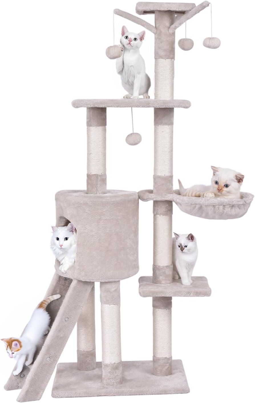Cat Tree, 56 Inch Multi-Level Cat Tower for Indoor Cats, Kitty Play House with Large Condo, Cat Hammock Bed, Sisal Scratching Post, Cat Toys, Ladder, Cat Caves for Small&Medium Cats