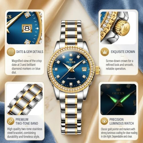 Image of OLEVS Women's Automatic Watch Luxury Mechanical Stainless Steel Two Tone Waterproof Self Winding Dress Small Ladies with Date Diamond Elegant Casual Business Wristwatch Gold /Blue /Black /White