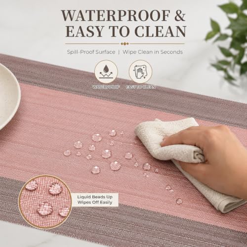 Image of YELONA Placemats Set of 4, Heat-Resistant Woven Vinyl Table Mats, Non-Slip & Washable Dining Tablemats for Kitchen & Dinner Decor, Peach & Brown (45cm x 30cm)