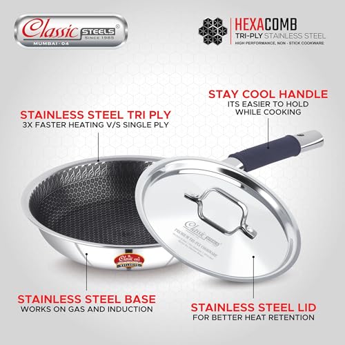 Image of Classic Steels Hexa Comb Triply Frypan with Steel Lid - 2 LTR (24cm) | Stainless Steel Non-Stick Fry Pan | Induction & Gas Compatible | 2.5mm Thickness | Durable Stay Cool Silicon Handle