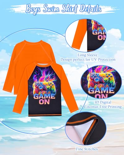 Image of Boys Rash Guard Swim Set with Swim Trunks Bathing Suit Long Sleeve Swim Shirt Quick Dry Swimsuit Kids Swimwear Size 7-16