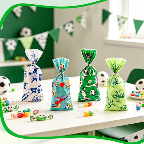 LERCTH 50 PCS Soccer Gift Bags with Twist Ties - 4.9x10.7 Inch Treat Bags, Football Player & Ball Design Party Favor Bags for Soccer Theme World Cup Party, Game Day, Birthday & Sports Events — view 2