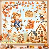 Amzkoi Fensterbilder Herbst, 77 Stück Herbstdeko Fenster Selbstklebend, Wiederverwendbare Fensterbild Herbst Kinder, Autumn Fenstersticker für Fensterdeko Innen, Fensteraufkleber mit Herbstmotiven