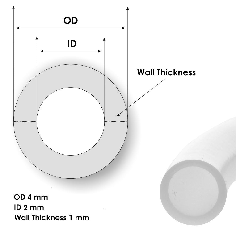 Tubo de teflón PTFE (tubo de PTFE de 2 mm x 4 mm) 50 metros - Tubo de PTFE de gránulo puro PTFE - Apto para -70 °C a 260 °C - Resistente a productos químicos - Muy bajo coeficiente de fricción