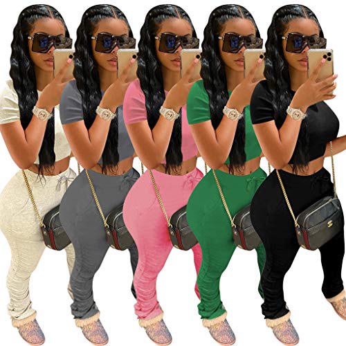 Womens Tracksuit Set - Two Piece Outfits Short Sleeve Crop Top + Skinny Long Pants Sweatsuits Jogging Suits Jumpsuits XXX-Large Green
