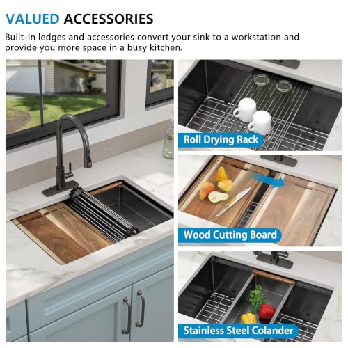 Image of 27 inchx19 inch Gunmetal Black Undermount Workstation Kitchen Sink | 16 Gauge T304 Stainless Steel Deep Single Bowl Basin with Integrated Ledge, Round Corners, Under Counter, Nano-PVD Finish