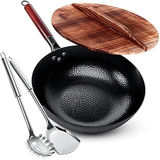Homeries Carbon Steel Wok Pan, Stir Fry Wok Set with Wooden Lid