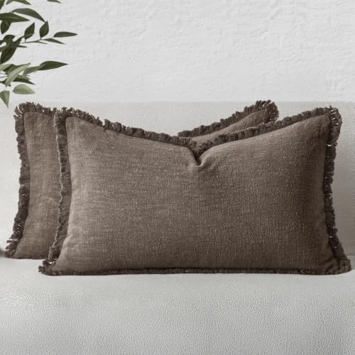 Image of MIULEE Boho Linen Decorative Fall Lumbar Throw Pillow Covers Coffee 12x20