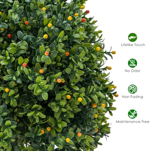 Artificial Topiary Boxwood Ball Trees 20 Inch, Fake Greenery with Fruits for Front Porch, Indoor Walkway, Entryway, Set of 2