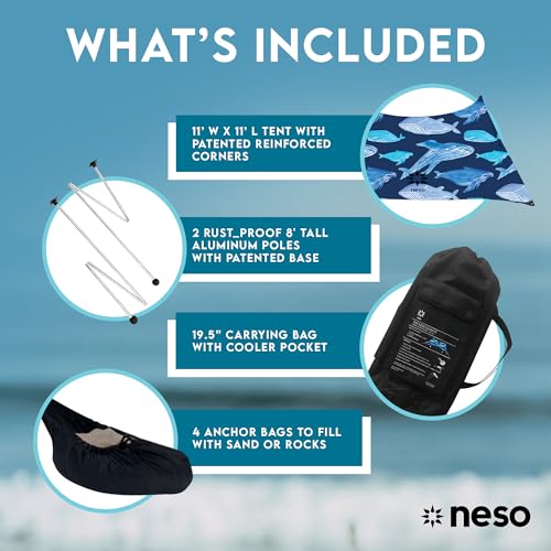 Image of Neso Gigante Portable Beach Tent Sun Shelter - Lightweight Beach Shade Canopy - Easy Setup for Family Outings - Patented Reinforced Corners - UPF 50+ - 8ft Tall, 11 x 11ft - Save The Whales