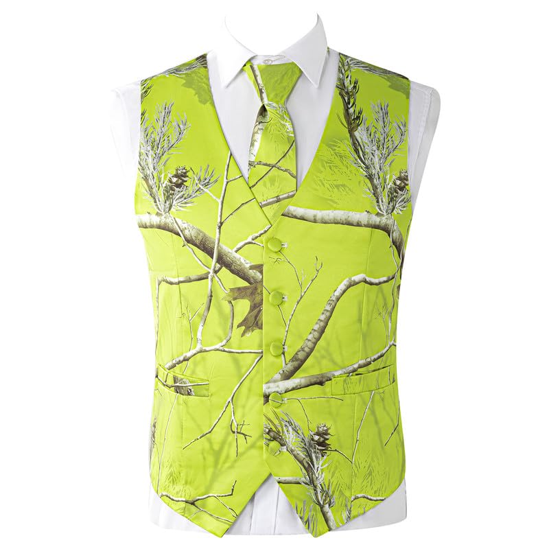 HBDesign Men's 3 Piece Fluorescent Green Camo Suit with Tie 2 Button Notch Lapel Blazer Vest and Trousers4