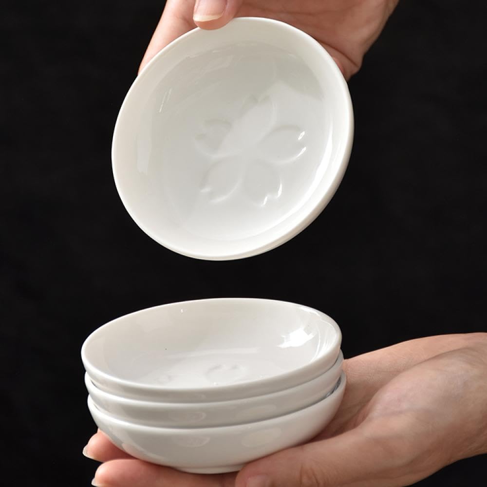 Sizikato 3.5-Inch White Porcelain Sauce Dish, Cherry Blossom Embossed Soy Sauce Dish, Set of 6
