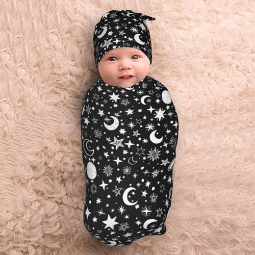 Image of Moon and Star Black Baby Stuff Swaddle Blanket Wrap Baby Newborn Blanket Soft Stretchy with Headband Hat Set Gift for Infant Boy Girl