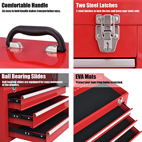 Goplus Tool Box With 3 Drawers, 20" Portable Tool Chest Organizer With Lock Latch & Liner For Garage Trunk Household, Powder Coated Steel, Red #TOP2