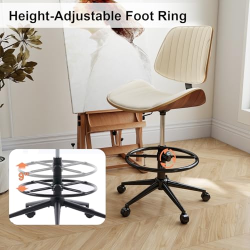 Image of Drafting Chair, Ergonomic Office Chair with Walnut Wood Back Support, Armless PU Leather Desk Chair with Height-Adjustable, Thick Cushion for Home, Bar, Drafting, Office (Beige)