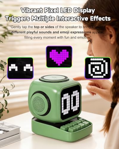 Image of Retro Robot 5-in-1 Bluetooth Speaker: 15W Wireless Charger, Pixel LED Screen, 10W Stereo Sound & 15 White Noise, Alarm Clock, Cute Portable Wireless Speaker for Bedroom Desk Office, Birthday Gifts