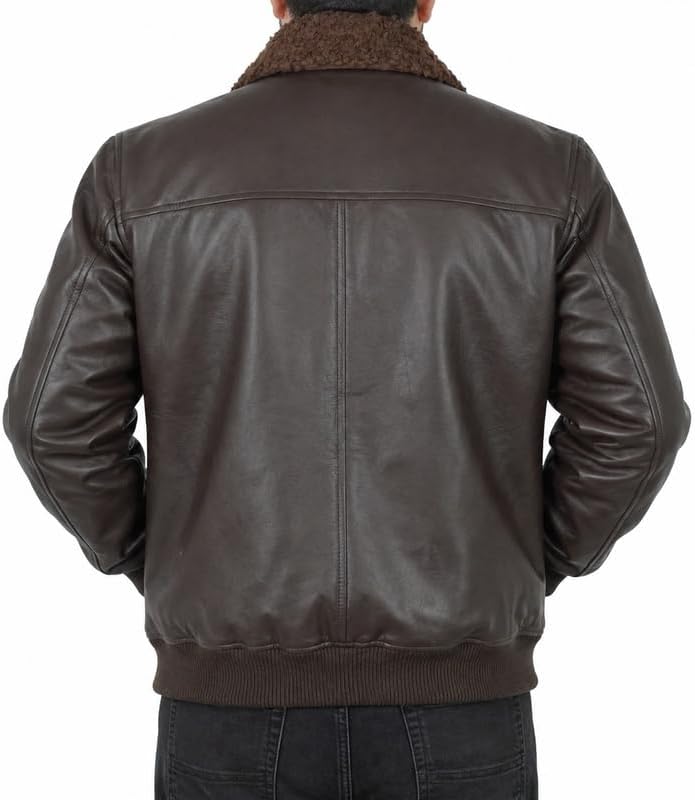 Men’s Coffee Brown Lambskin Leather Bomber Jacket - Faux Fur Collar Winter Aviator Coat