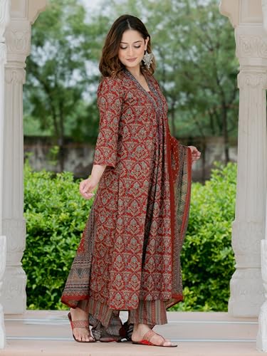 Image of Arayna Women's Pure Cotton Printed Kurta Pant Dupatta Set | Traditional Ethnic Suit Set with Ajrakh-Inspired Print | Straight Fit 3-Piece Set for Women