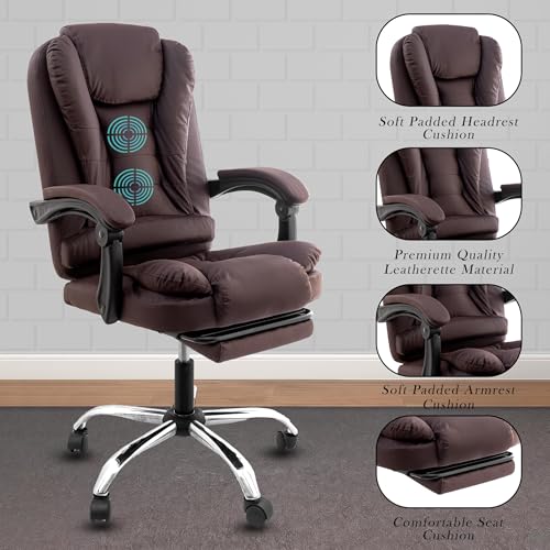 Image of Casa Copenhagen Italia Leatherette Office Chair for Work | Boss Chair, Ergonomic Executive, Luxurious Cushioned Arms & Seat, 2 Point Back Massager, Adjustable Leg Rest, Heavy Duty Metal Base(Brown)