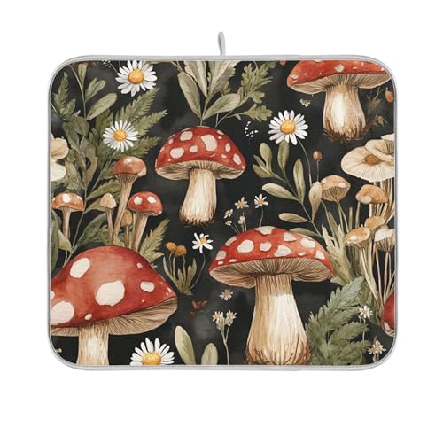 Tapetes absorbentes para secar platos, diseño floral, de secado rápido, para encimera de cocina, hongos, hojas florales, 16 x 18 pulgadas