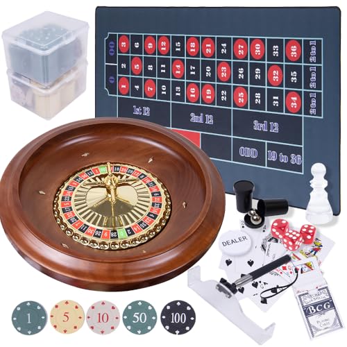Extguds Roulette Wheel Game Set with Large Felt 16 Inch Roulette Wheel Retractable Chip Rake 200 Chips Roulette Marker 2 Decks of Cards 3 Dices Canvas Bag Commonly Used Games at Parties