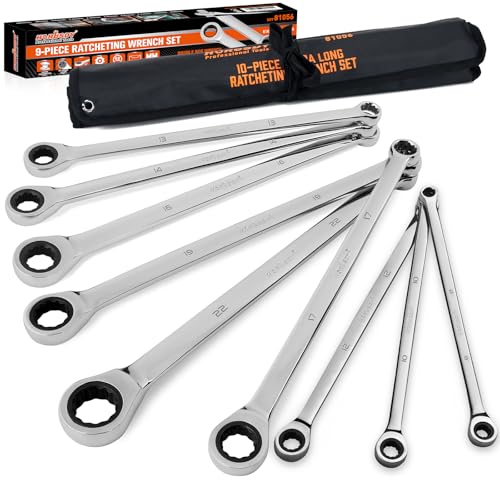 Image of HORUSDY 9-Piece Extra Long Ratcheting Wrench Set, Double Box End Wrench Set with Tool Bag & Box, Metric 8-22mm, CR-V Steel