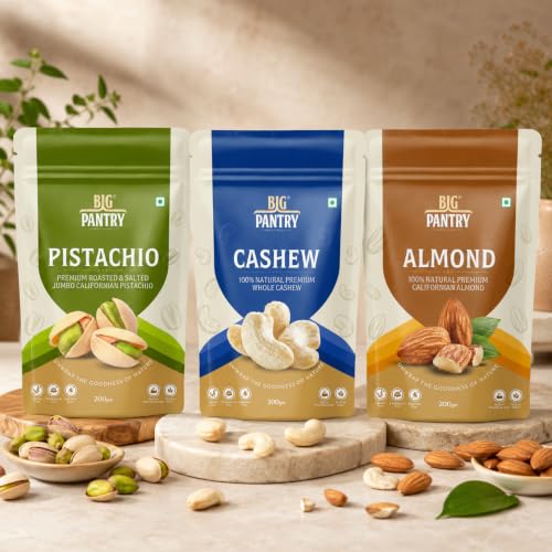 Image of BIG Pantry Rakhi Dry Fruits Gift Combo Pack (Pistachio Roasted & Salted + Whole Cashew + California Almond) 200g Each | Premium Healthy Festival Gift Hamper | Raksha Bandhan Gift Box