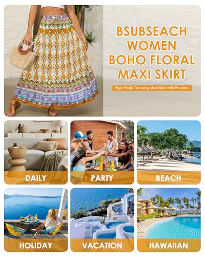 Bsubseach Skirts for Women Summer 2025 Boho Pleated Flowy Long Skirts Casual A Line Floral Maxi Skirt with Pockets - Image 4