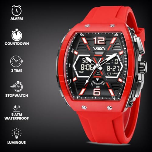 Image of V2A Impact 50mm Analog Digital Watch for Men | X-Frame Hybrid Dial Design | Alarm Stopwatch Day Date 12 /24 Hr | TPU Sport Strap | 50M Water Resistant | Gift for Mens